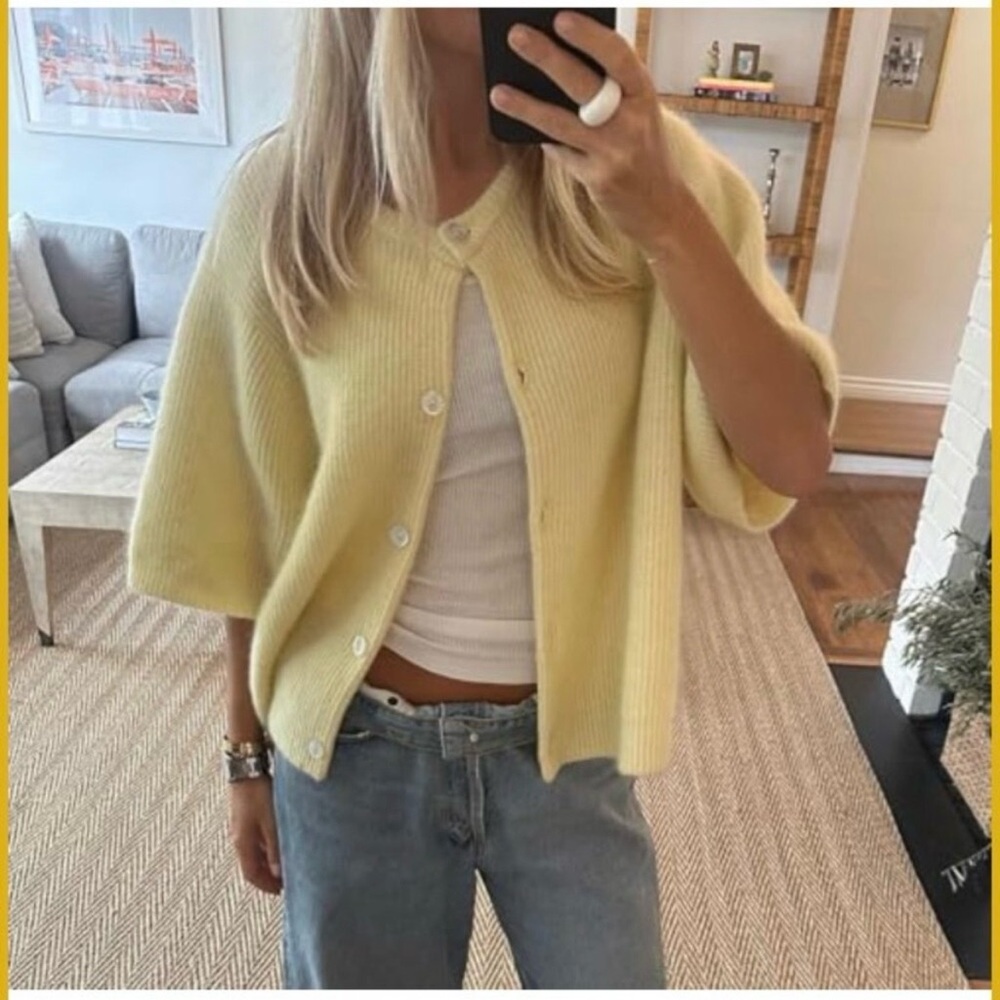 Yellow Button-Front Short Sleeve Knit Sweater